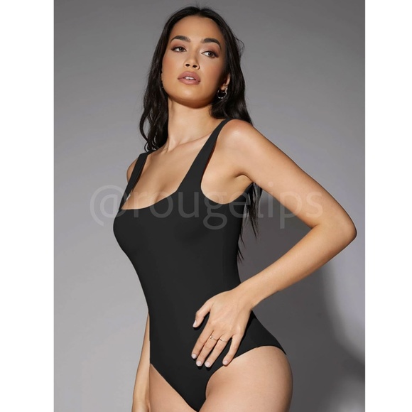 Black Tank Bodysuit Square Neck Slim Fit Stretchy - Picture 1 of 8